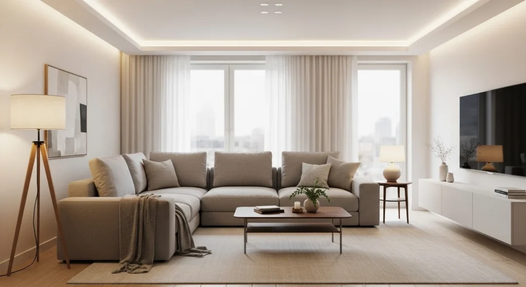 Living room with flexible modular sofa in neutral tones, ideal for modern 2026 interiors