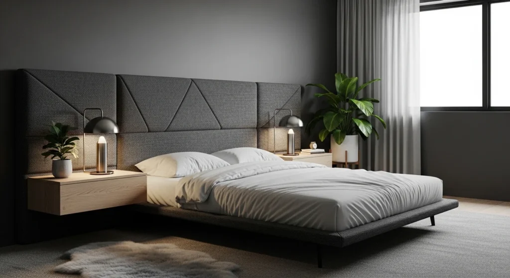 Grey bedroom with bold statement headboard and minimalist modern décor for 2026