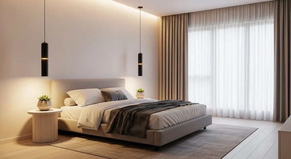 Master bedroom featuring rounded furniture and headboard for a modern soft aesthetic