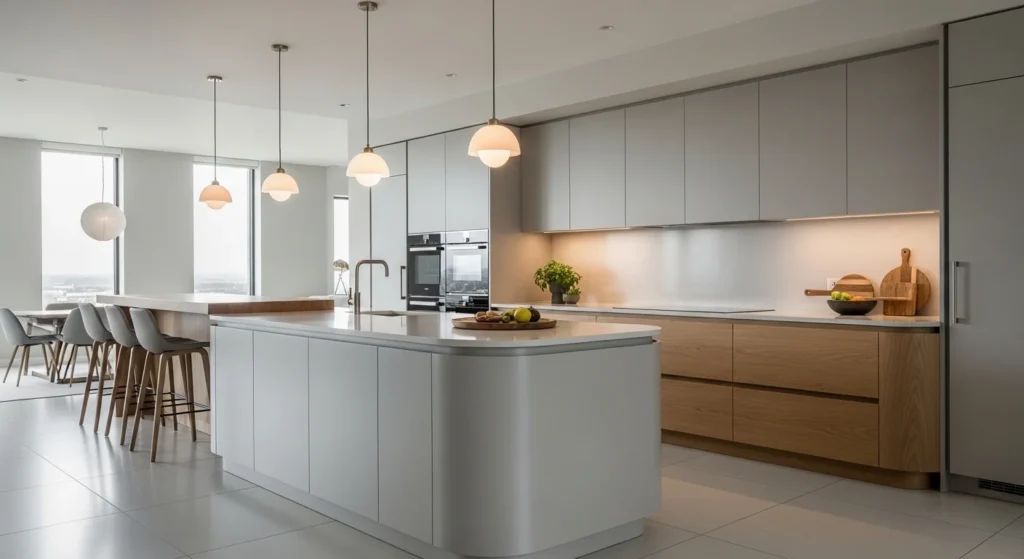 Contemporary kitchen featuring rounded island edges and organic shapes