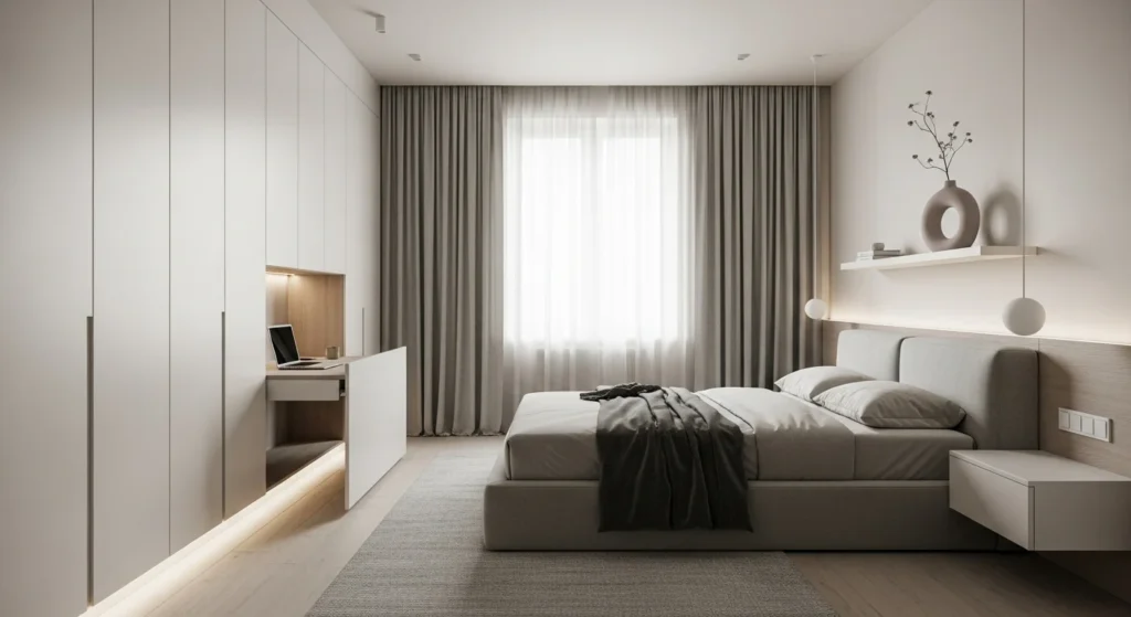 Minimalist bedroom designed with hidden storage solutions and seamless cabinetry