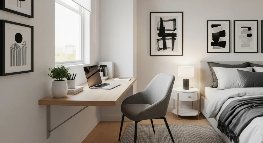 compact bedroom including small desk workspace designed for multifunctional living