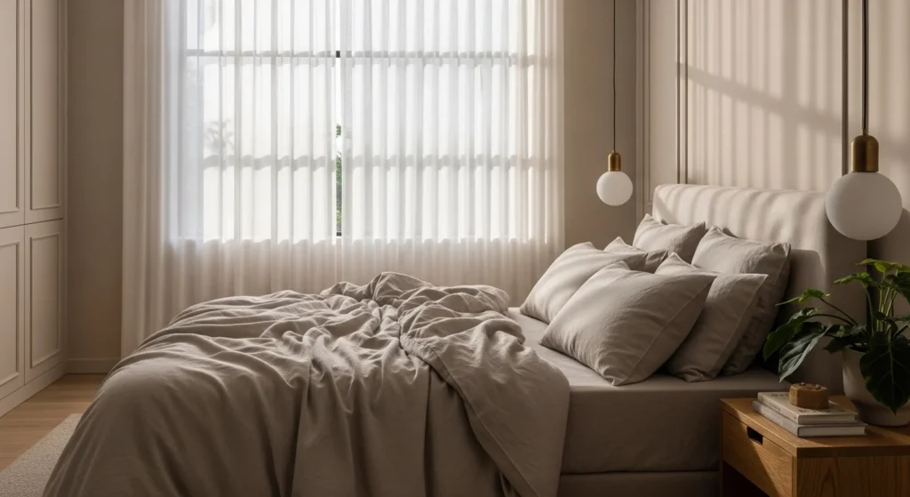 Neutral bedroom featuring linen bedding and soft natural textures for relaxed elegance.