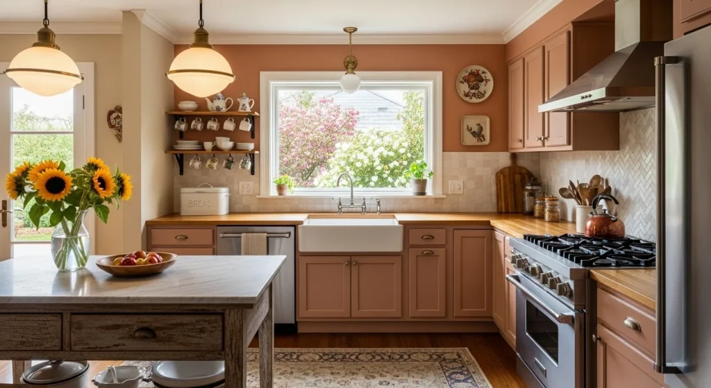 Cozy kitchen featuring vintage accents and warm retro lighting details