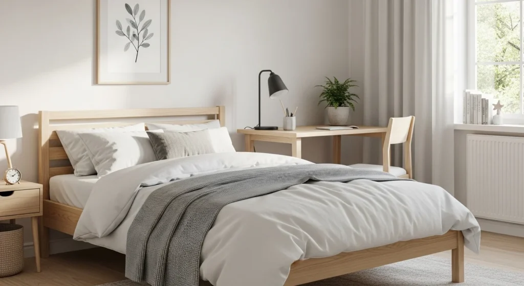 Scandinavian style girls bedroom with light wood furniture and minimal decor