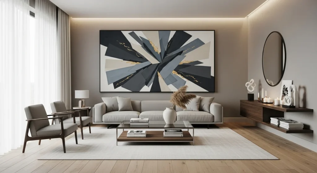 Contemporary gray living room featuring large statement wall artwork.
