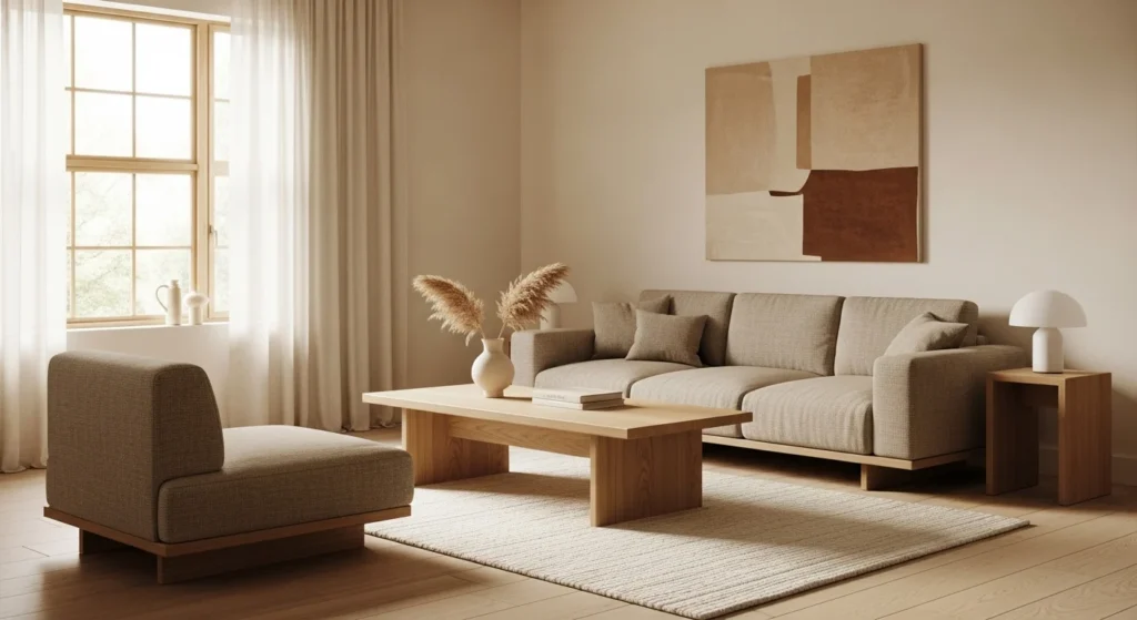 Japandi apartment living room combining Japanese simplicity and Scandinavian warmth
