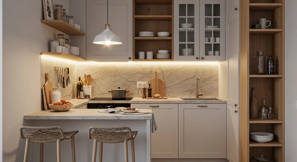 Modern small kitchen featuring natural wood elements creating a cozy atmosphere