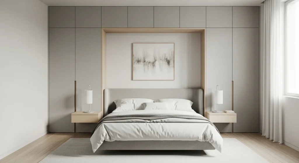 Modern guest bedroom with built-in cabinets for organized storage