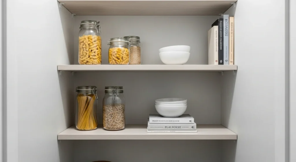 Minimalist small pantry with clean shelves and uncluttered modern styling