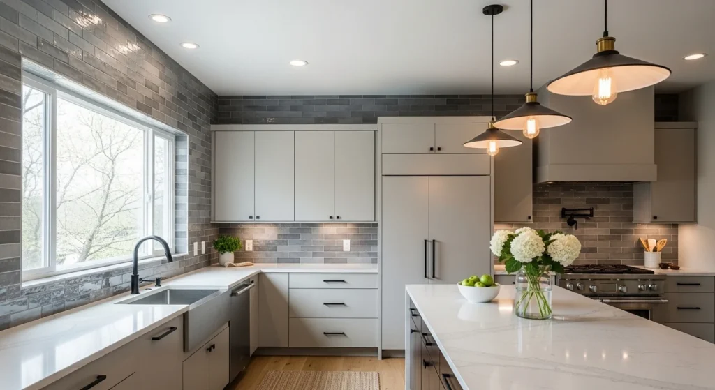 Modern kitchen featuring textured tile backsplash adding depth and visual interest.