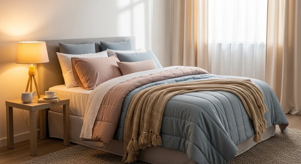 Cozy bedroom styled with soft pastel and neutral tones for calm modern living