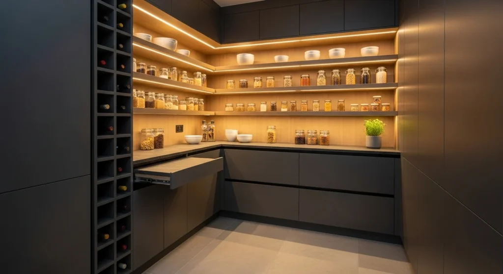 Small pantry with dark grey cabinets and warm lighting creating luxury feel