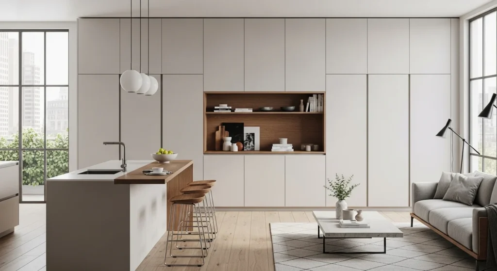 Modern open kitchen living room featuring seamless built-in cabinets for organized storage