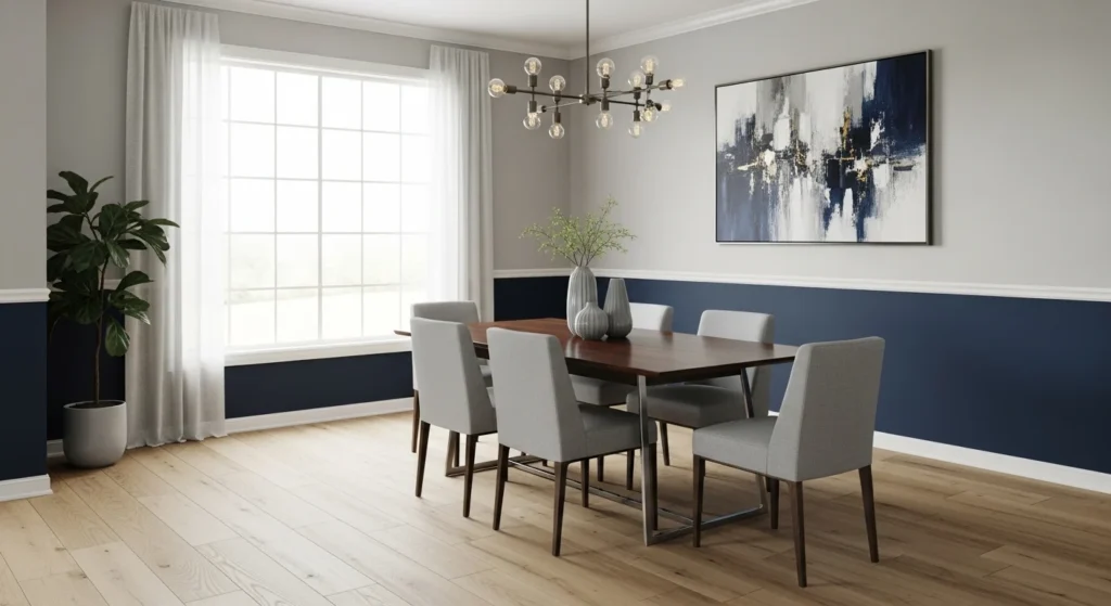 Dining room featuring two-tone color scheme with balanced modern styling