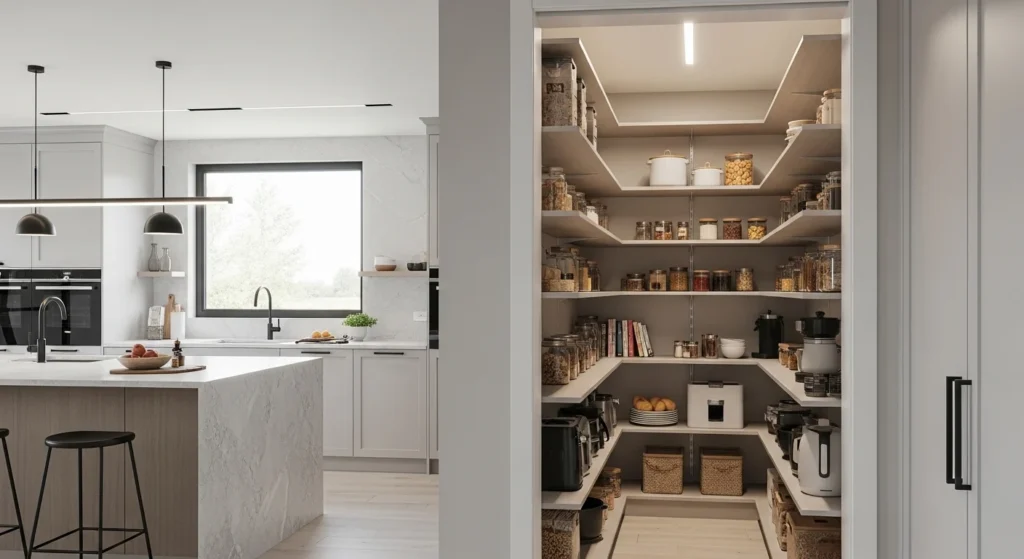 open walk-in pantry integrated into modern kitchen layout