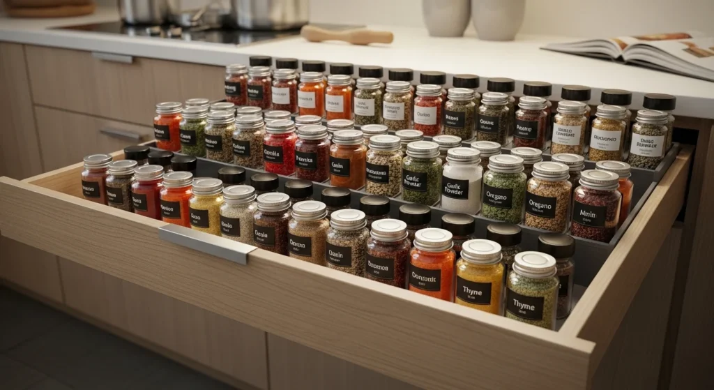 Pantry spice drawer with neatly aligned spice jars in tiered organizers.