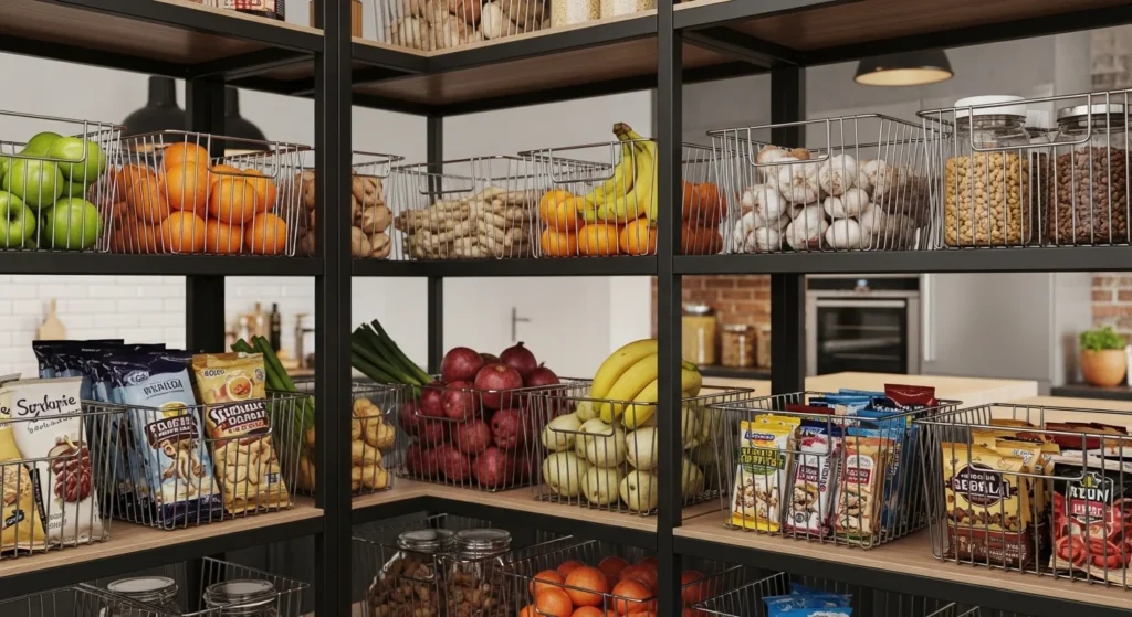 Kitchen pantry shelves using wire baskets for organized and breathable storage