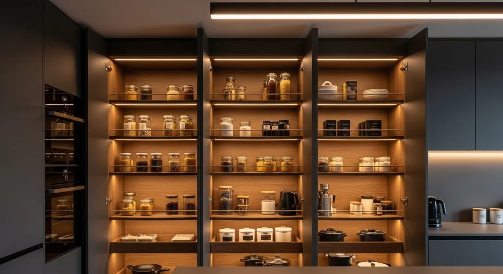 Hidden pantry featuring integrated LED lighting illuminating neatly organized shelves.