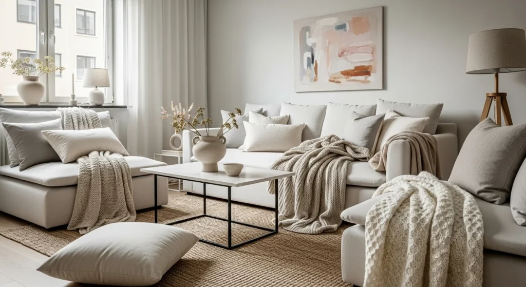 Neutral apartment living room with layered textiles, soft fabrics, and warm modern styling