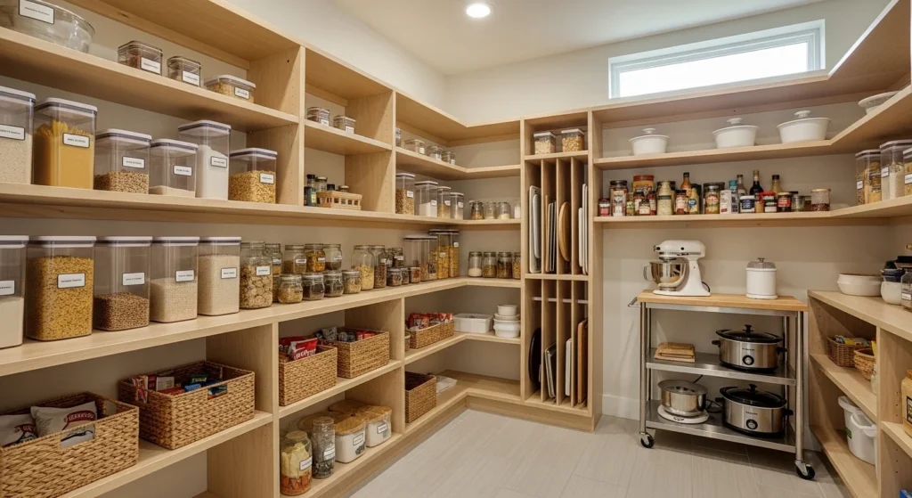 Walk-in pantry with corner shelving maximizing storage in an efficient layout