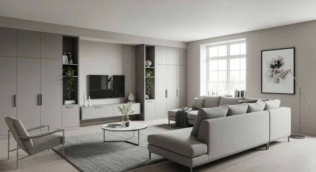 Gray living room with seamless built-in storage cabinets and a clean modern design