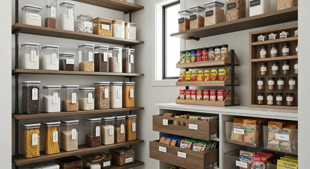 Pantry organized by food categories using clear containers and grouped storage