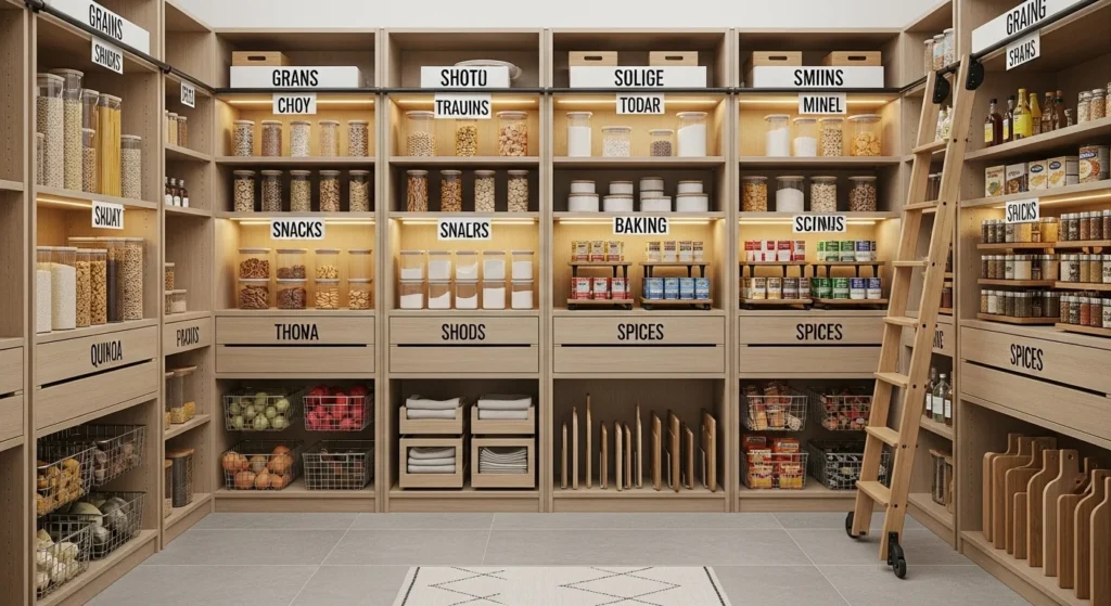 Kitchen food pantry organized by food categories using clear containers and grouped storage
