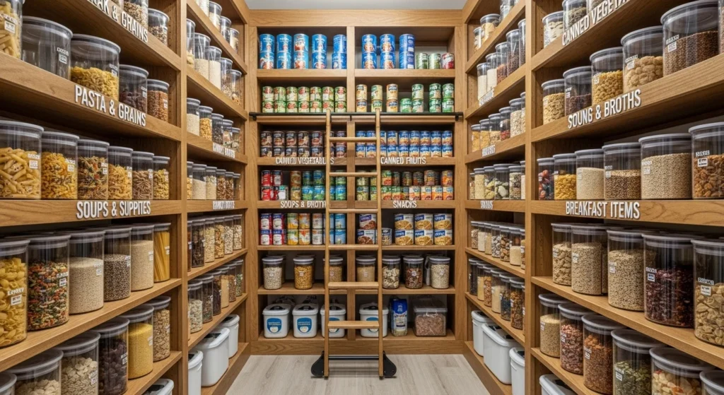 Food pantry organized by categories using clear containers and grouped storage