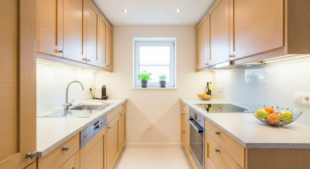 Galley-style small kitchen with parallel cabinets and an efficient space-saving layout
