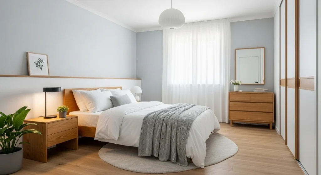 Scandinavian-style guest bedroom with light colors, wood accents, and cozy minimal decor