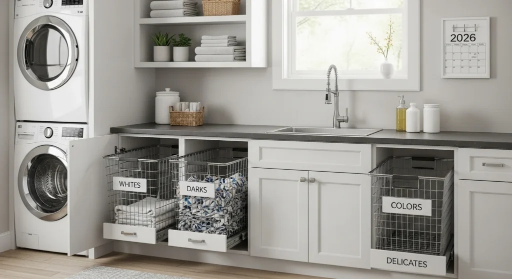 loating shelves with baskets and decor in modern laundry room, stylish 2026 design