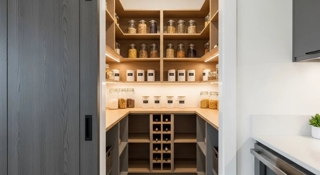 Narrow walk-in pantry with smart corner storage maximizing limited space