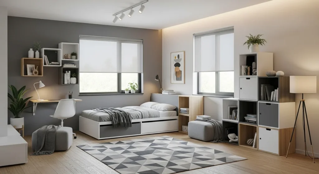 Bedroom layout using modular and movable furniture for adaptable living