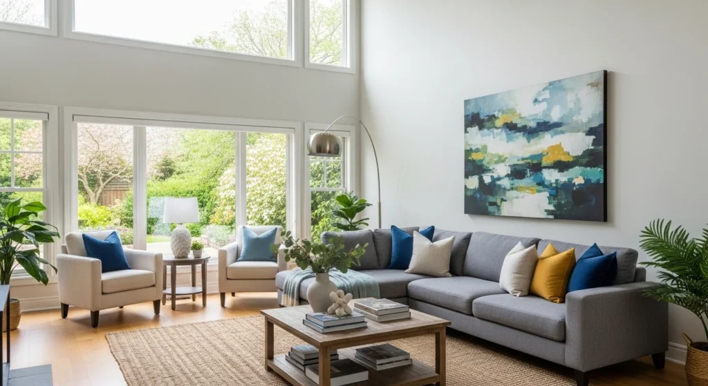 Open and airy living room with defined seating layout