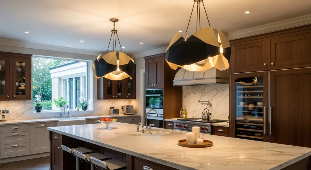 Luxury kitchen with statement pendant lighting