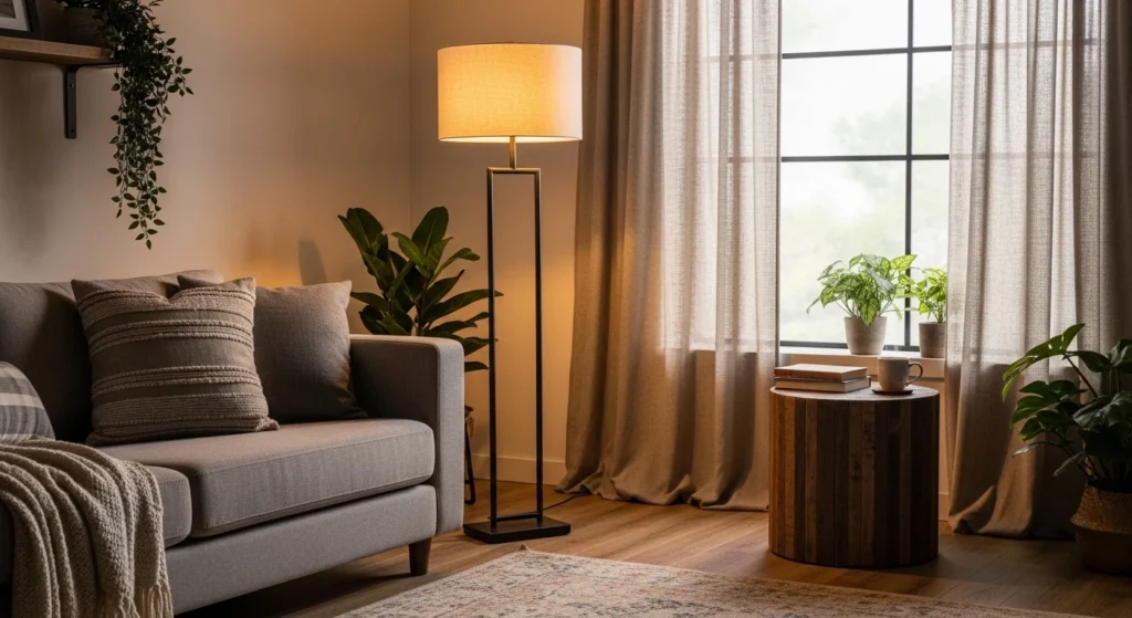 Floor lamp placed in corner to brighten modern living room