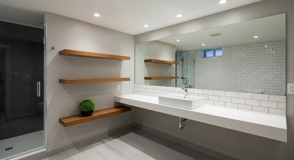 Basement bathroom with floating shelves above vanity for storage and decor