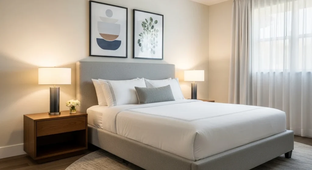 Guest bedroom styled with framed artwork, neutral tones, and a curated elegant feel