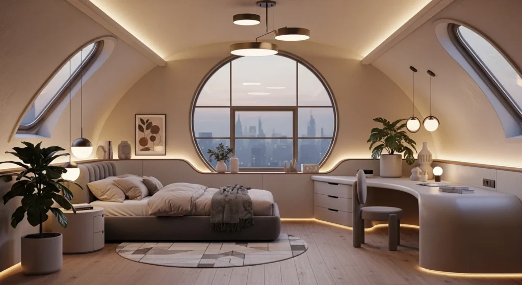Attic bedroom featuring curved furniture and rounded corners for comfort