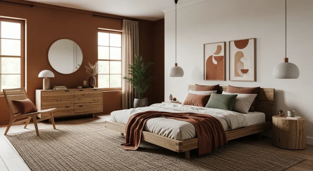 Bedroom with brown and beige tones, wooden furniture, and layered textiles