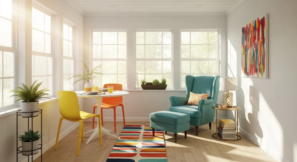 Small sunroom with compact furniture and bright colors