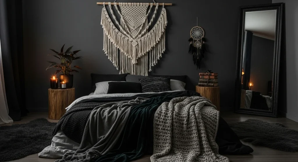 Boho-style moody bedroom with dark tones and layered decor