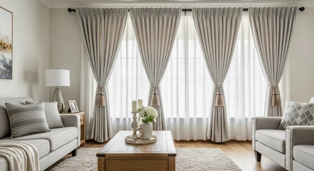 Living room curtains styled with elegant tiebacks