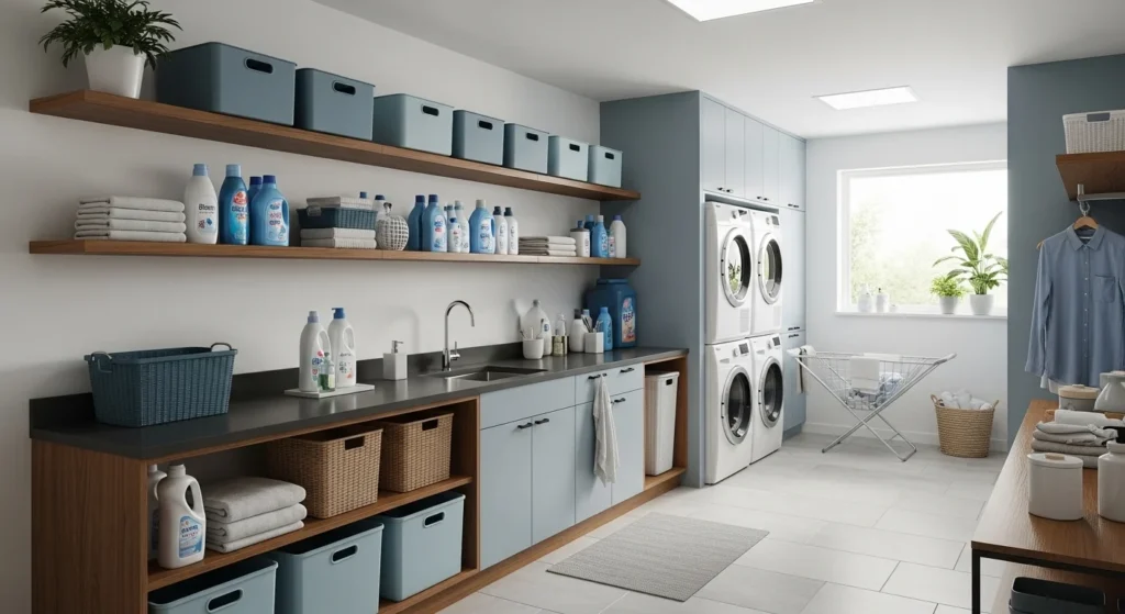 Laundry room with color-coordinated shelves for stylish organization