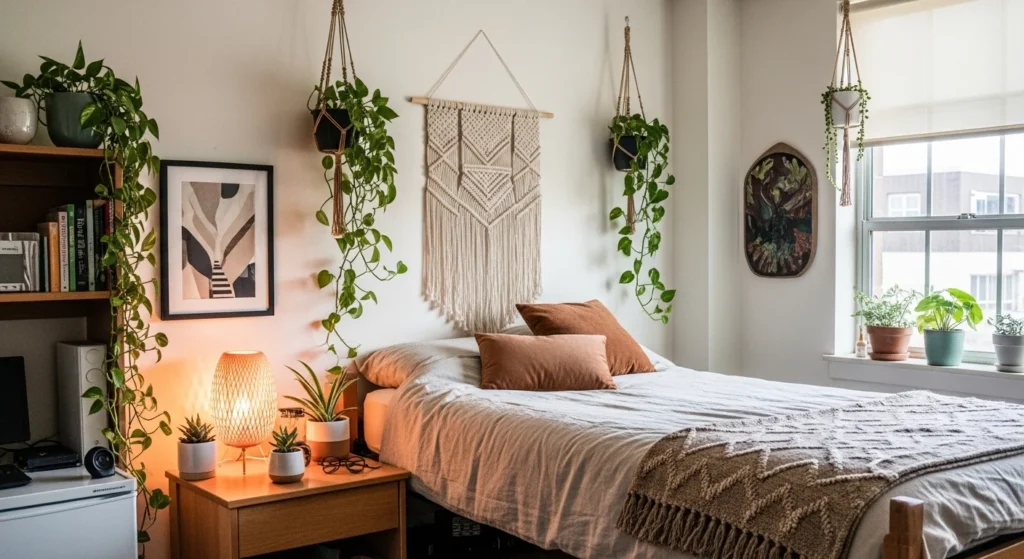 Dorm room decorated with plants and natural elements