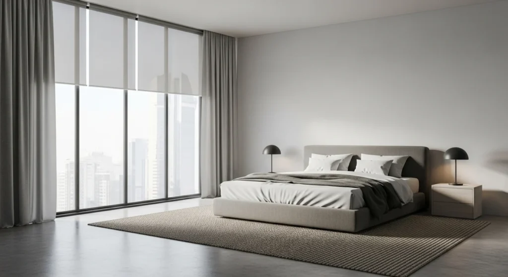 Minimalist wooden bed with smooth finishes in contemporary bedroom