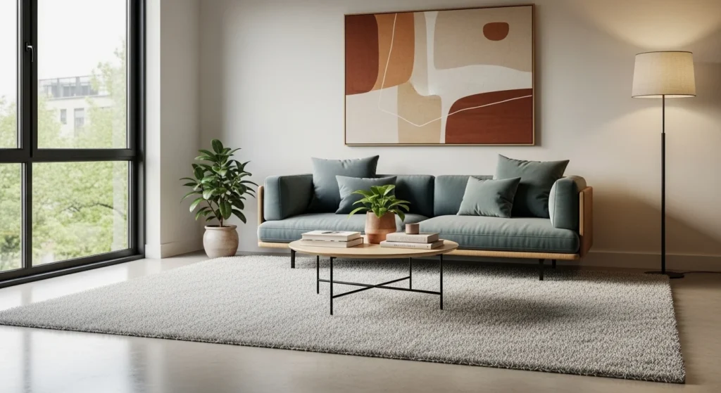 Plush high-pile rug in cozy modern living room seating area