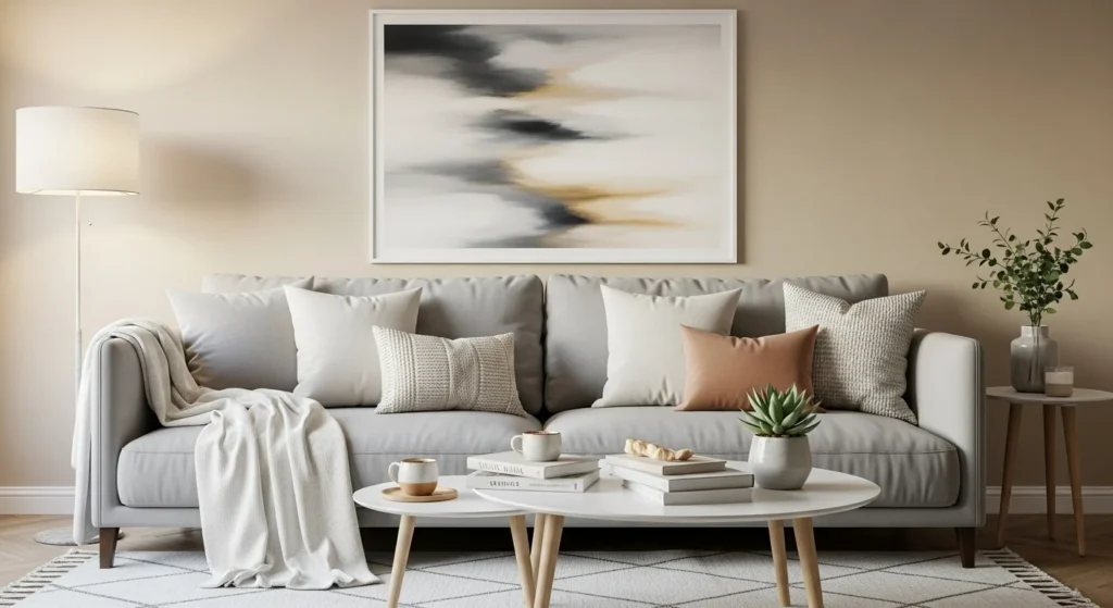 Neutral compact living room styled with layered textiles, soft fabrics, and warm tones