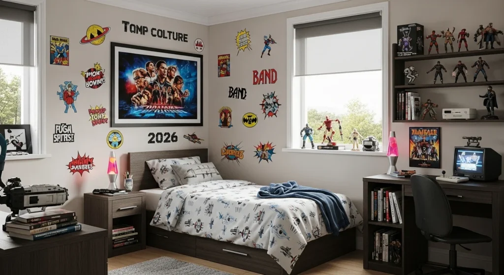 Boys bedroom featuring pop culture-themed wall decals, bedding, and accessories